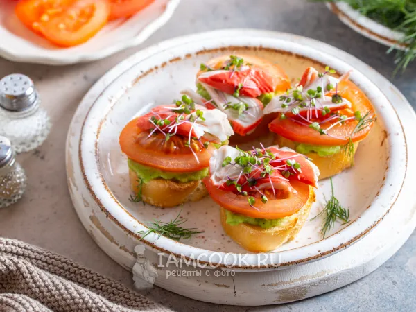 Фото блюда: Брускетта с крабом и авокадо