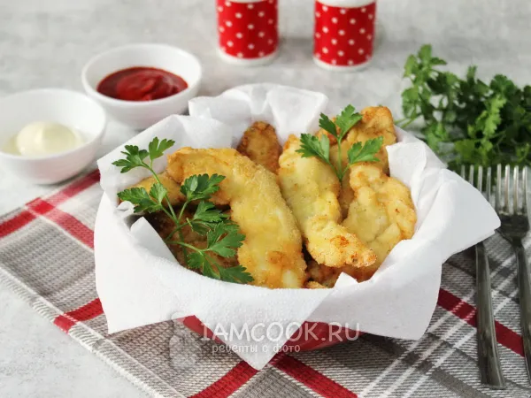 Фото блюда: Куриные стрипсы на сковороде в панировочных сухарях