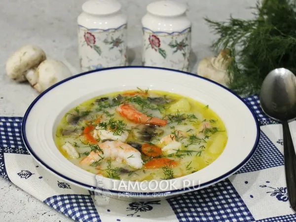 Фото блюда: Сырный суп с креветками и грибами (шампиньонами)