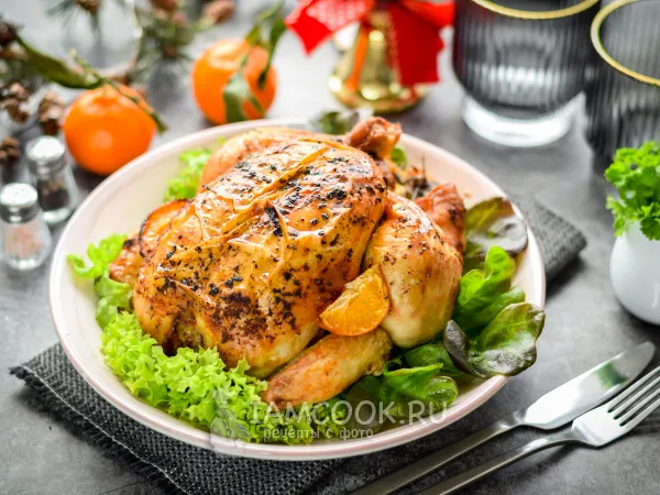 Фото блюда: Курица с мандаринами в духовке (целиком)