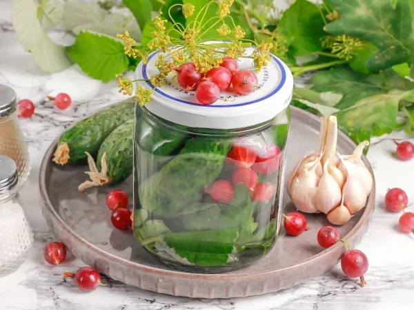 Фото блюда: Маринованные огурцы с крыжовником на зиму