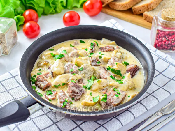 Фото блюда: Говядина с белыми грибами в сливочном соусе