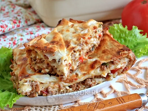 Фото блюда: Лазанья из лаваша с фаршем и сметанным соусом