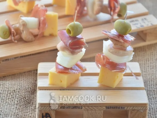 Фото блюда: Канапе с хамоном, грибами и сыром