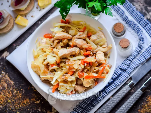 Фото готового блюда: Тушеная капуста с грибами и курицей