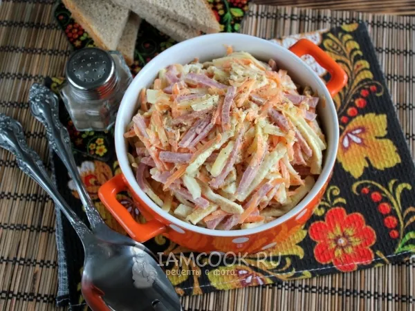 Фото блюда: Салат с яичными блинчиками и колбасой «Шустрый Петя»