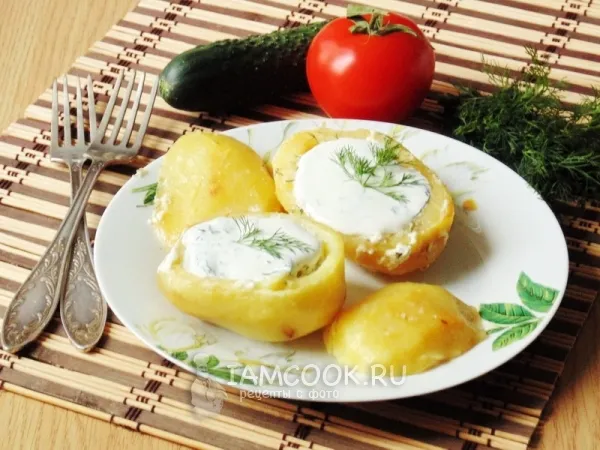 Фото готового блюда: Печеный картофель с грибами и сметаной