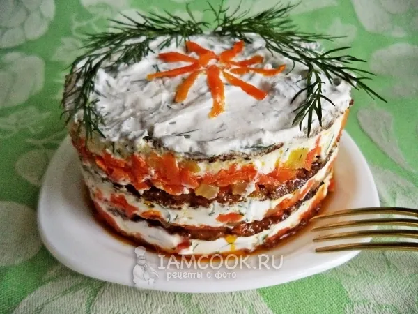 Фото готового блюда: Печёночный торт из говяжьей печени