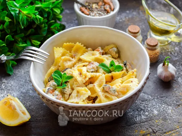 Фото блюда: Макароны с мидиями в сливочно-горчичном соусе