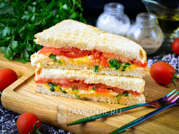 Фото готового блюда: Сэндвич с сыром и помидорами