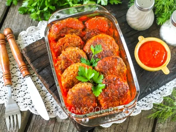 Фото блюда: Жареные гречаники в томатном соусе в духовке